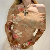 BXOXO Vintage 2000s Floral Print Crop Top Retro Graphic Long Sleeve Off-shoulder Tube T-shirts Women y2k Fairycore Tees Shirts
